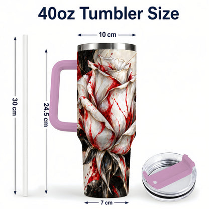 #pl[40oz|Pink] Faceted Rose 40oz Tumbler with Handle, Abstract Red White Flower