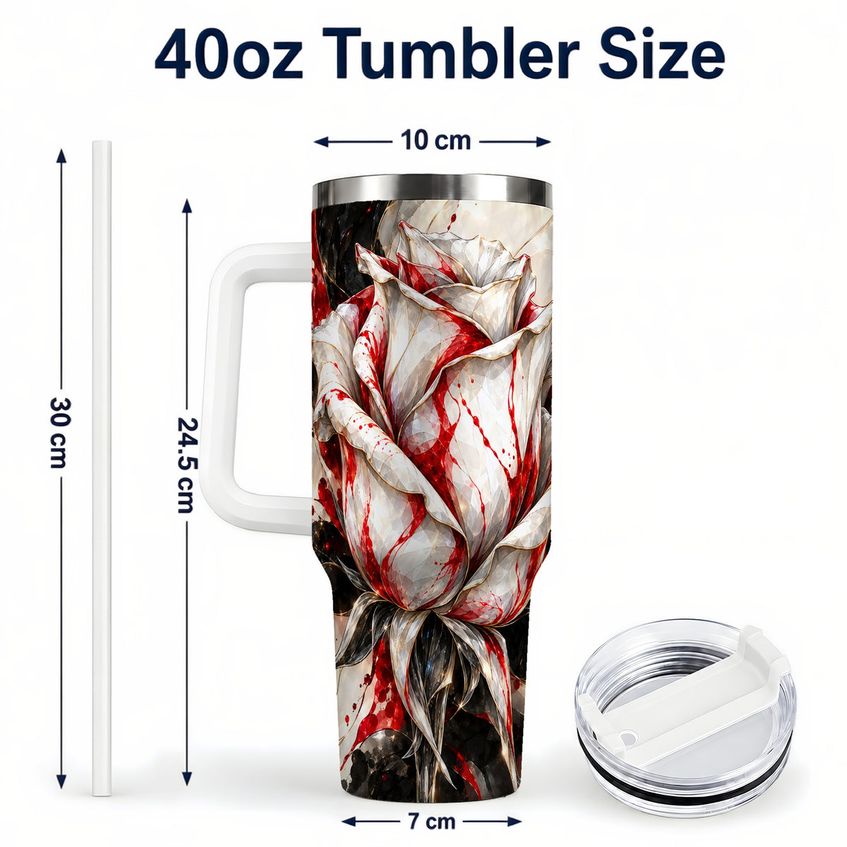 #pl[40oz|White] Faceted Rose 40oz Tumbler with Handle, Abstract Red White Flower