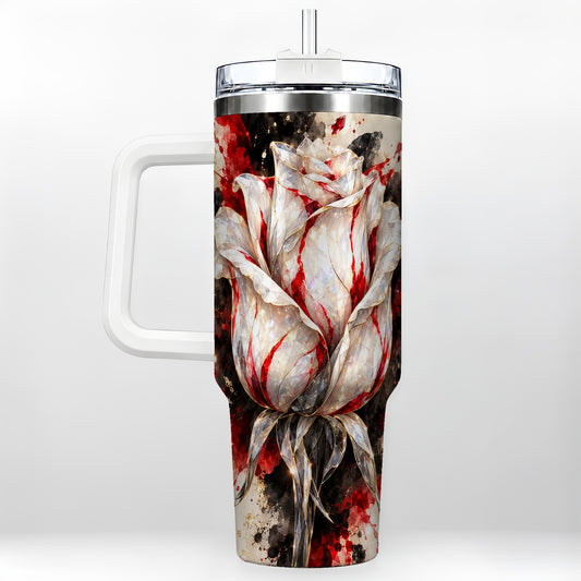 White Crystal Rose 40oz Tumbler with Handle, Ruby Red Floral Art