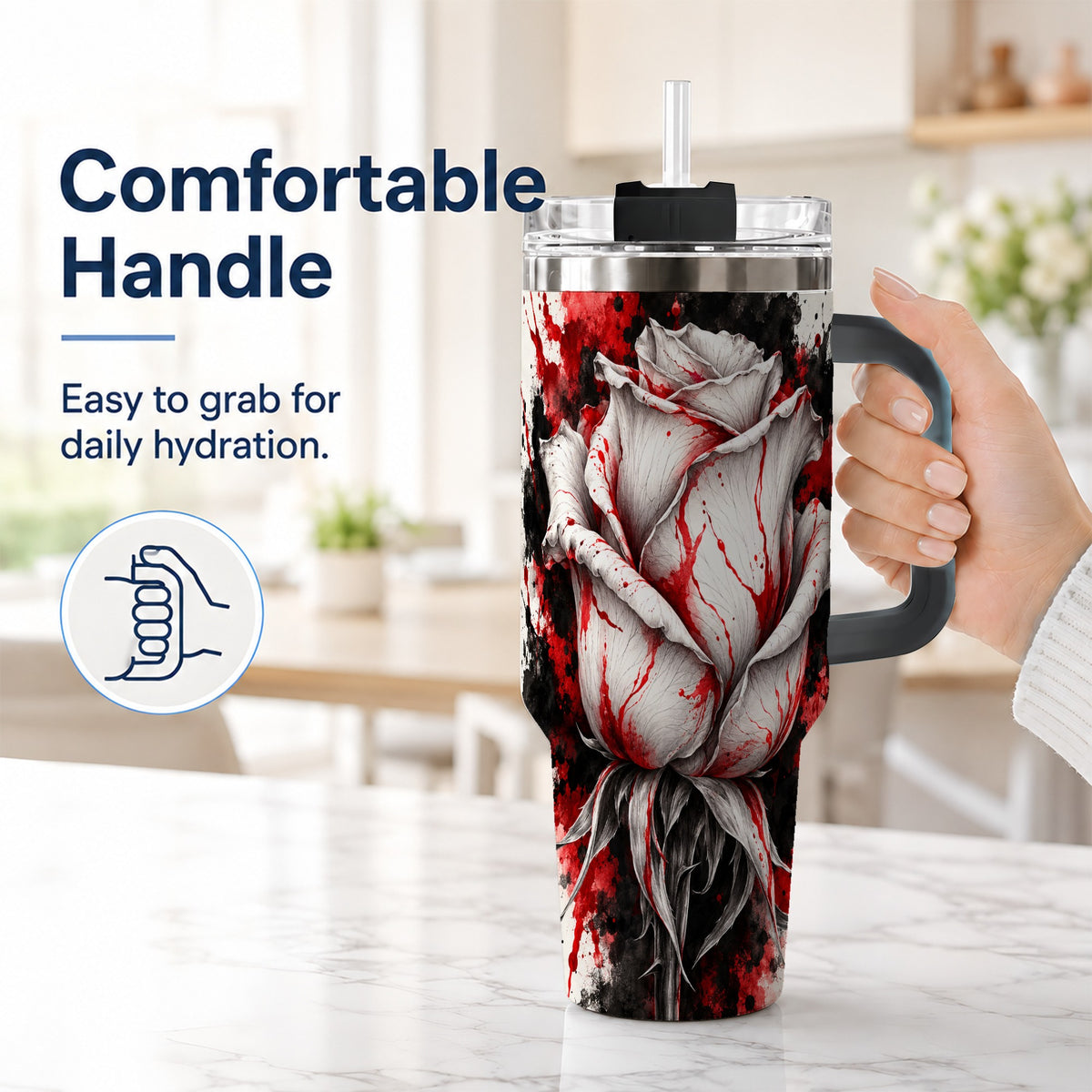 #pl[40oz|Black] White Rose 40oz Tumbler with Handle, Abstract Floral Travel Cup