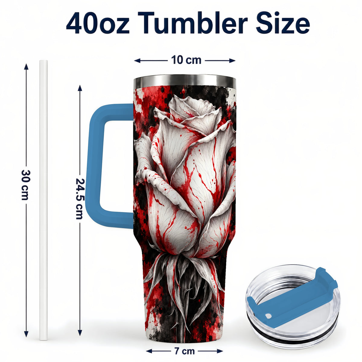 #pl[40oz|Blue] White Rose 40oz Tumbler with Handle, Abstract Floral Travel Cup