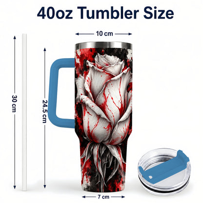 #pl[40oz|Blue] White Rose 40oz Tumbler with Handle, Abstract Floral Travel Cup