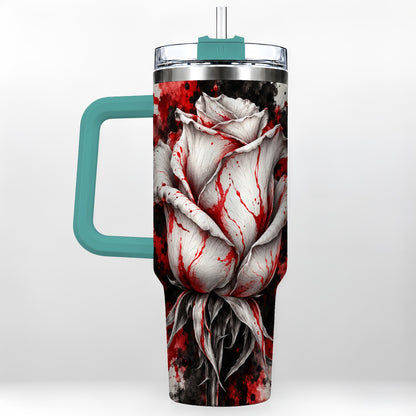 #pl[40oz|Green] White Rose 40oz Tumbler with Handle, Abstract Floral Travel Cup
