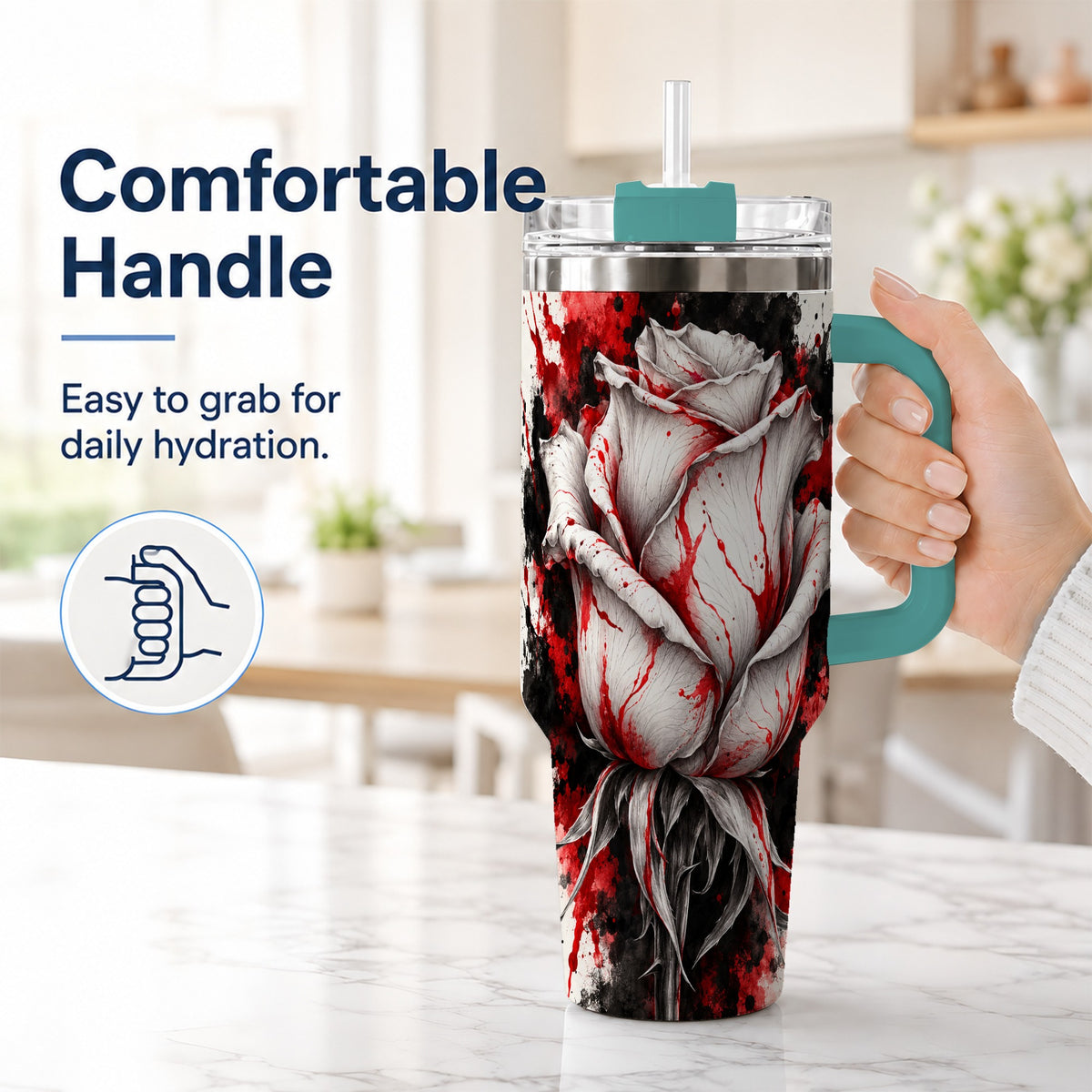 #pl[40oz|Green] White Rose 40oz Tumbler with Handle, Abstract Floral Travel Cup