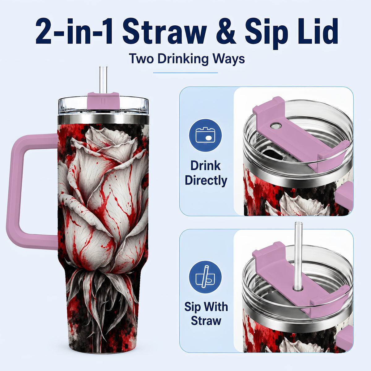 #pl[40oz|Pink] White Rose 40oz Tumbler with Handle, Abstract Floral Travel Cup