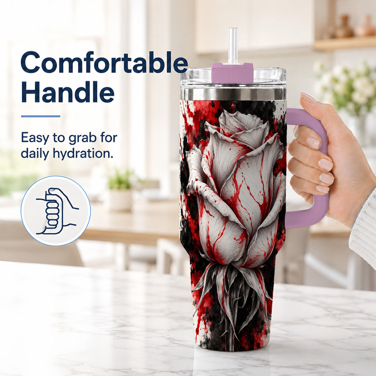 #pl[40oz|Pink] White Rose 40oz Tumbler with Handle, Abstract Floral Travel Cup