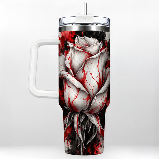White Rose 40oz Tumbler with Handle, Abstract Floral Travel Cup