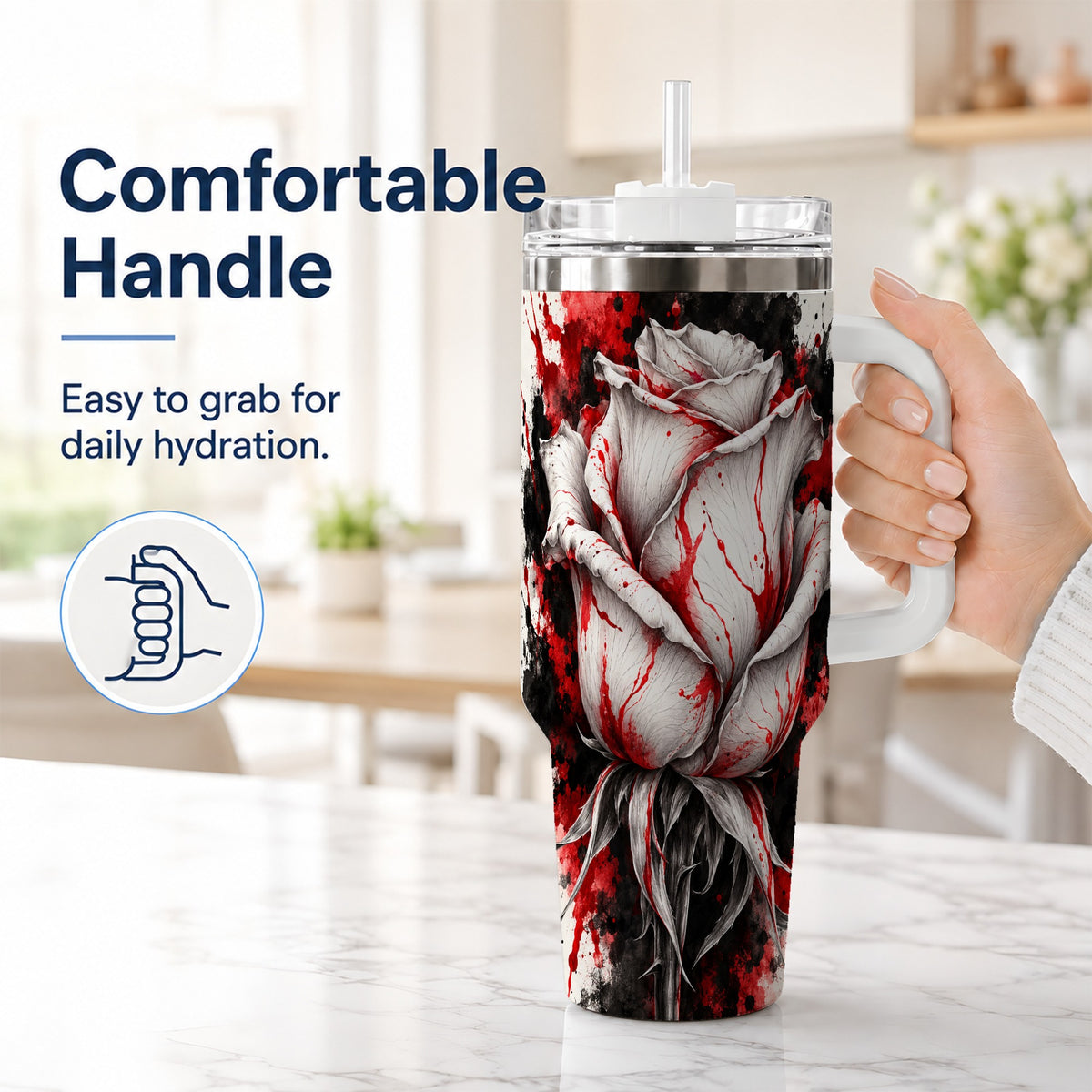#pl[40oz|White] White Rose 40oz Tumbler with Handle, Abstract Floral Travel Cup