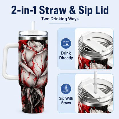 #pl[40oz|White] White Rose 40oz Tumbler with Handle, Abstract Floral Travel Cup
