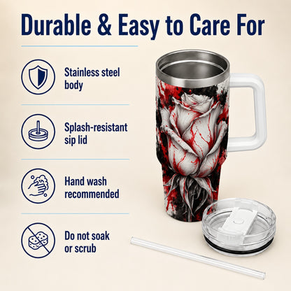 White Rose 40oz Tumbler with Handle, Abstract Floral Travel Cup