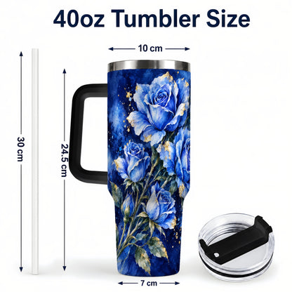 #pl[40oz|Black] Blue Rose 40oz Tumbler with Handle, Watercolor Botanical Travel Cup