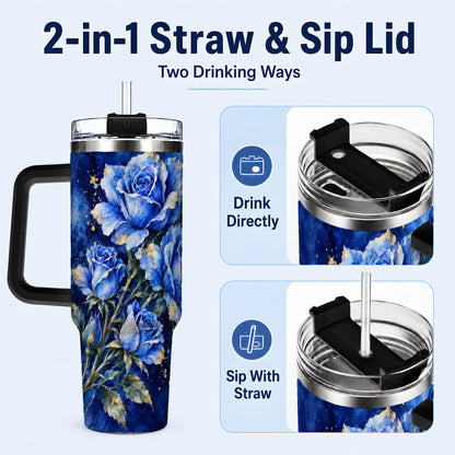 #pl[40oz|Black] Blue Rose 40oz Tumbler with Handle, Watercolor Botanical Travel Cup