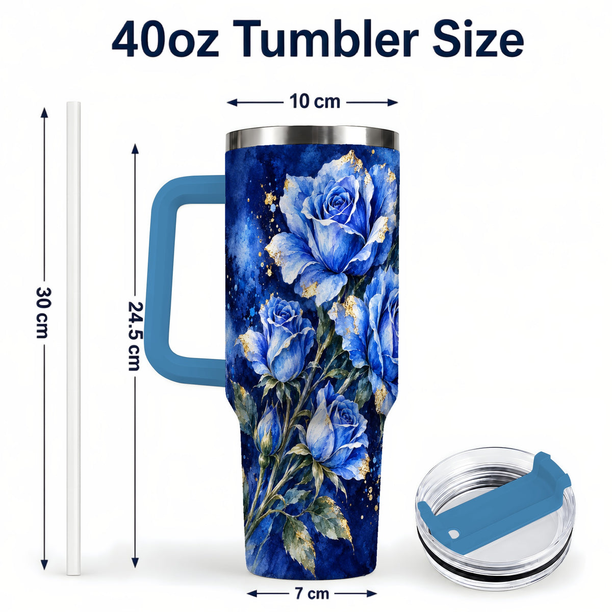 #pl[40oz|Blue] Blue Rose 40oz Tumbler with Handle, Watercolor Botanical Travel Cup