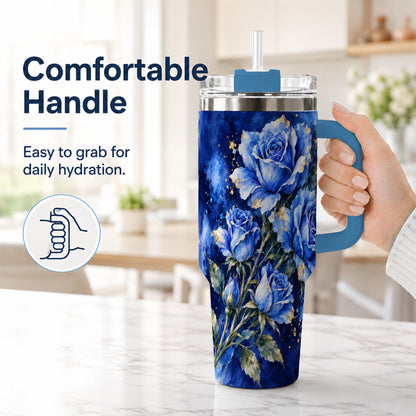 #pl[40oz|Blue] Blue Rose 40oz Tumbler with Handle, Watercolor Botanical Travel Cup