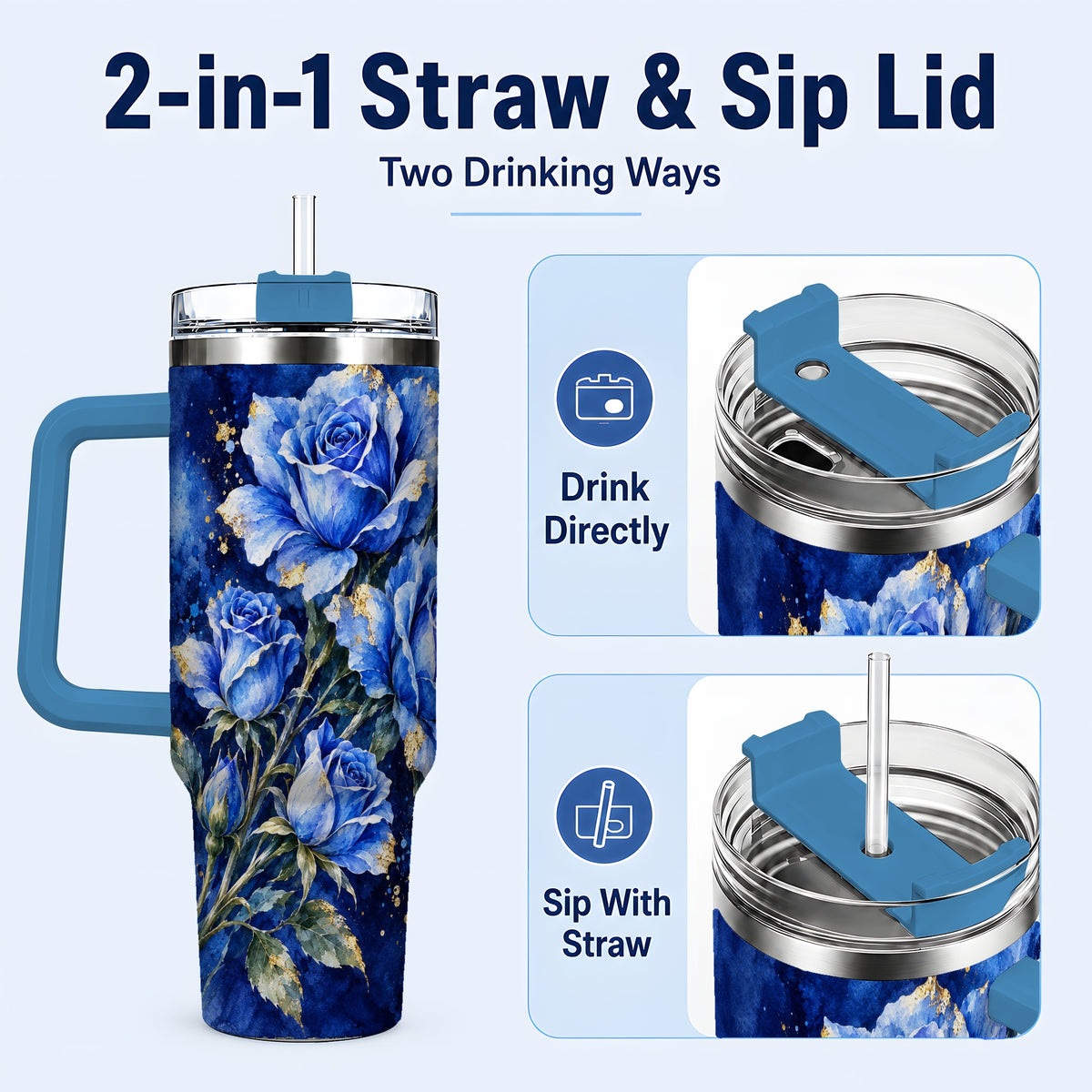 #pl[40oz|Blue] Blue Rose 40oz Tumbler with Handle, Watercolor Botanical Travel Cup