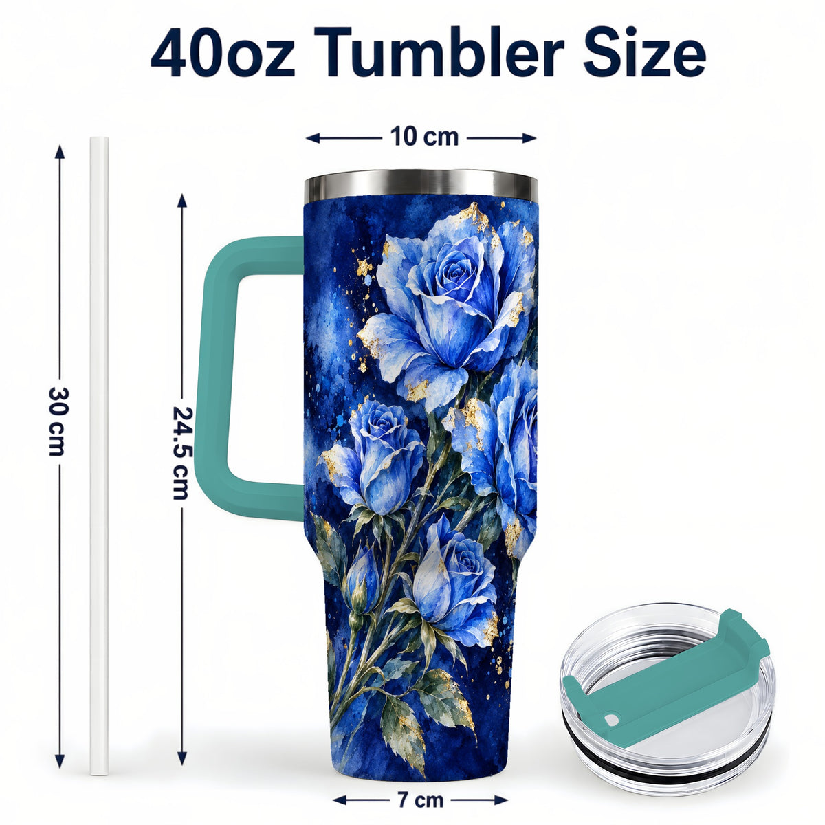 #pl[40oz|Green] Blue Rose 40oz Tumbler with Handle, Watercolor Botanical Travel Cup