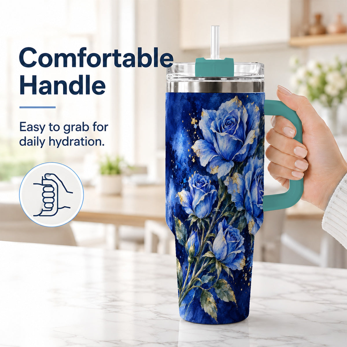 #pl[40oz|Green] Blue Rose 40oz Tumbler with Handle, Watercolor Botanical Travel Cup