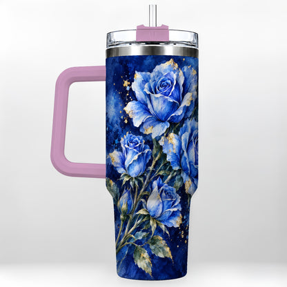 #pl[40oz|Pink] Blue Rose 40oz Tumbler with Handle, Watercolor Botanical Travel Cup