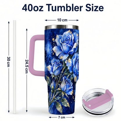#pl[40oz|Pink] Blue Rose 40oz Tumbler with Handle, Watercolor Botanical Travel Cup