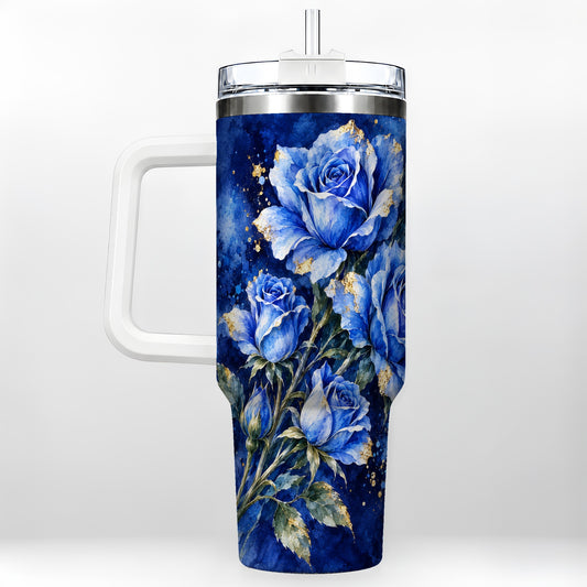 Blue Rose 40oz Tumbler with Handle, Watercolor Botanical Travel Cup