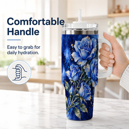 #pl[40oz|White] Blue Rose 40oz Tumbler with Handle, Watercolor Botanical Travel Cup