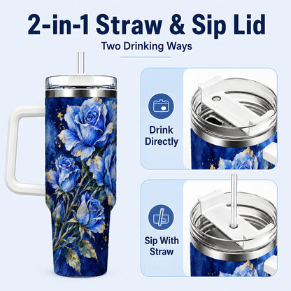 #pl[40oz|White] Blue Rose 40oz Tumbler with Handle, Watercolor Botanical Travel Cup