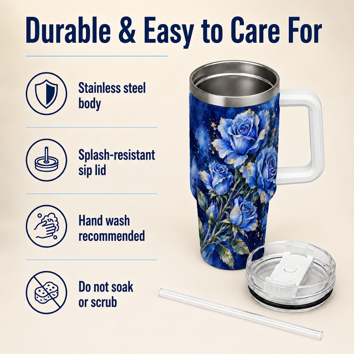 Blue Rose 40oz Tumbler with Handle, Watercolor Botanical Travel Cup