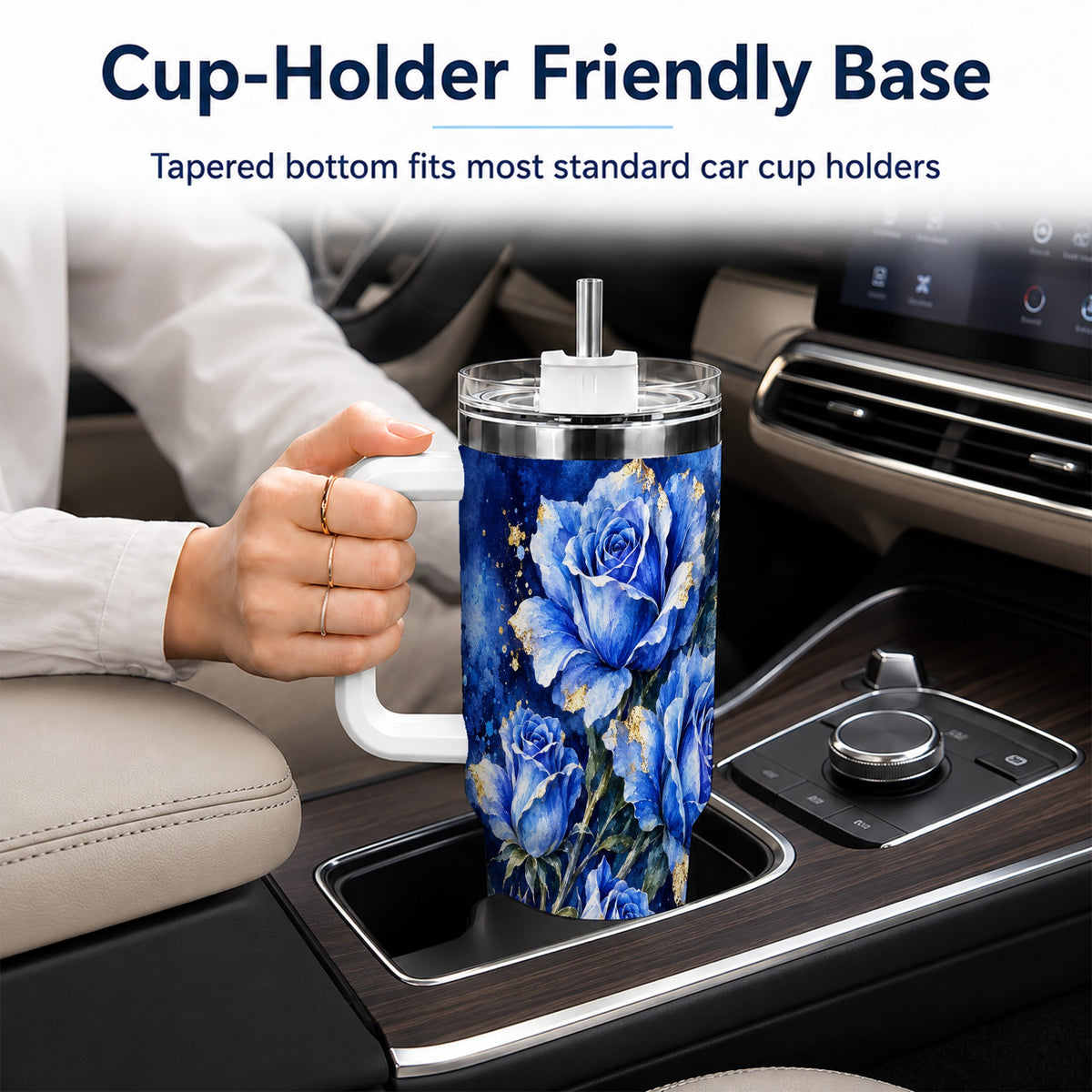 Blue Rose 40oz Tumbler with Handle, Watercolor Botanical Travel Cup