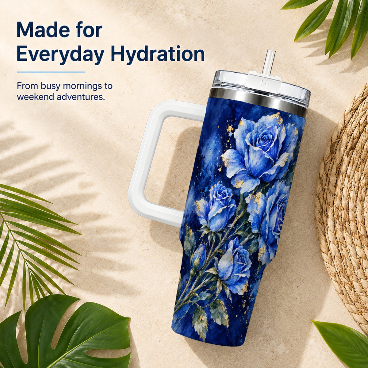 Blue Rose 40oz Tumbler with Handle, Watercolor Botanical Travel Cup