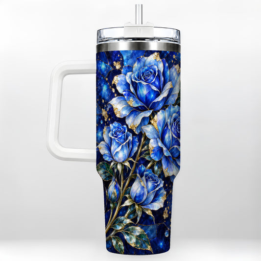 Blue Rose 40oz Tumbler with Handle, Mosaic Floral Travel Cup