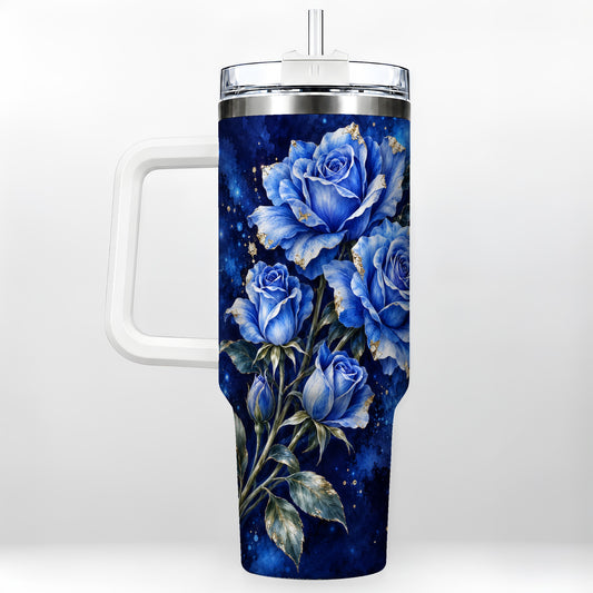 Blue Rose 40oz Tumbler with Handle, Midnight Floral Travel Cup