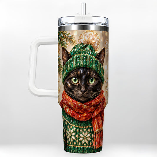 Christmas Black Cat 40oz Tumbler with Handle, Jeweled Holiday Kitty Art
