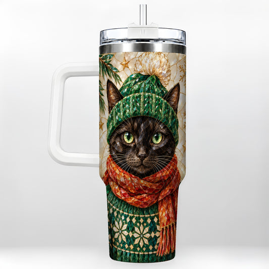Stained Glass Cat 40oz Tumbler with Handle, Christmas Feline Art