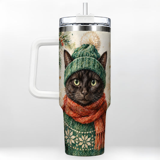 Watercolor Cat 40oz Tumbler with Handle, Cozy Christmas Kitty Art