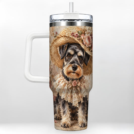 Floral Schnauzer 40oz Tumbler with Handle, Vintage Botanical Dog Art