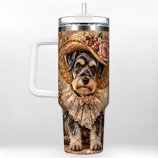 Jeweled Schnauzer 40oz Tumbler with Handle, Floral Puppy Art