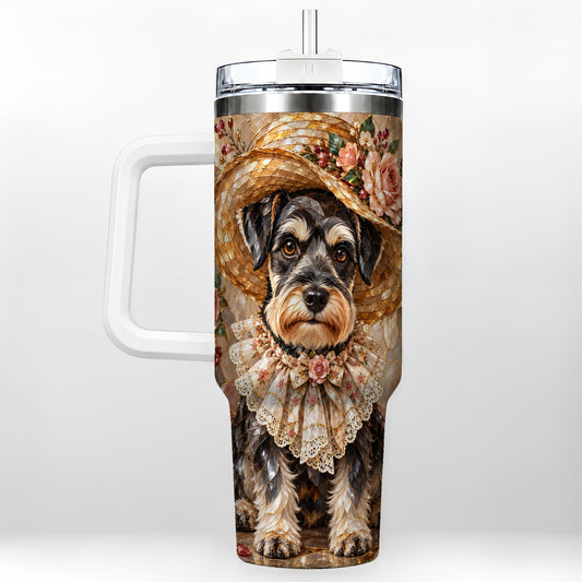 Floral Schnauzer 40oz Tumbler with Handle, Vintage Dog Art Drinkware