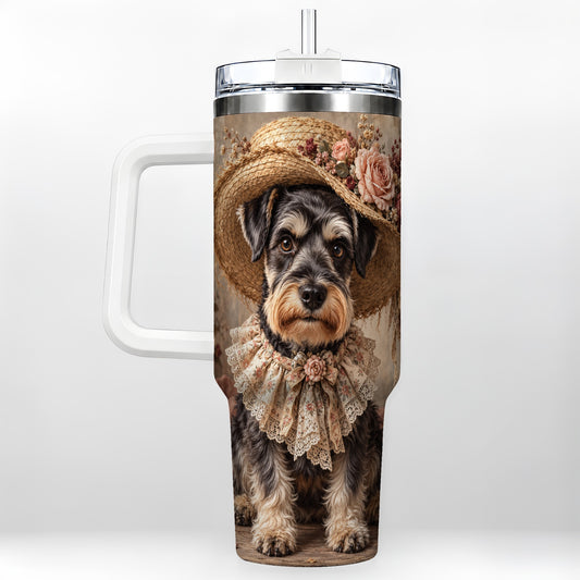 Rustic Schnauzer 40oz Tumbler with Handle, Cottagecore Dog Art
