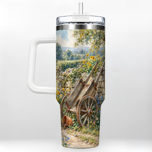Rustic Garden Cart 40oz Tumbler with Handle, Country Landscape Art