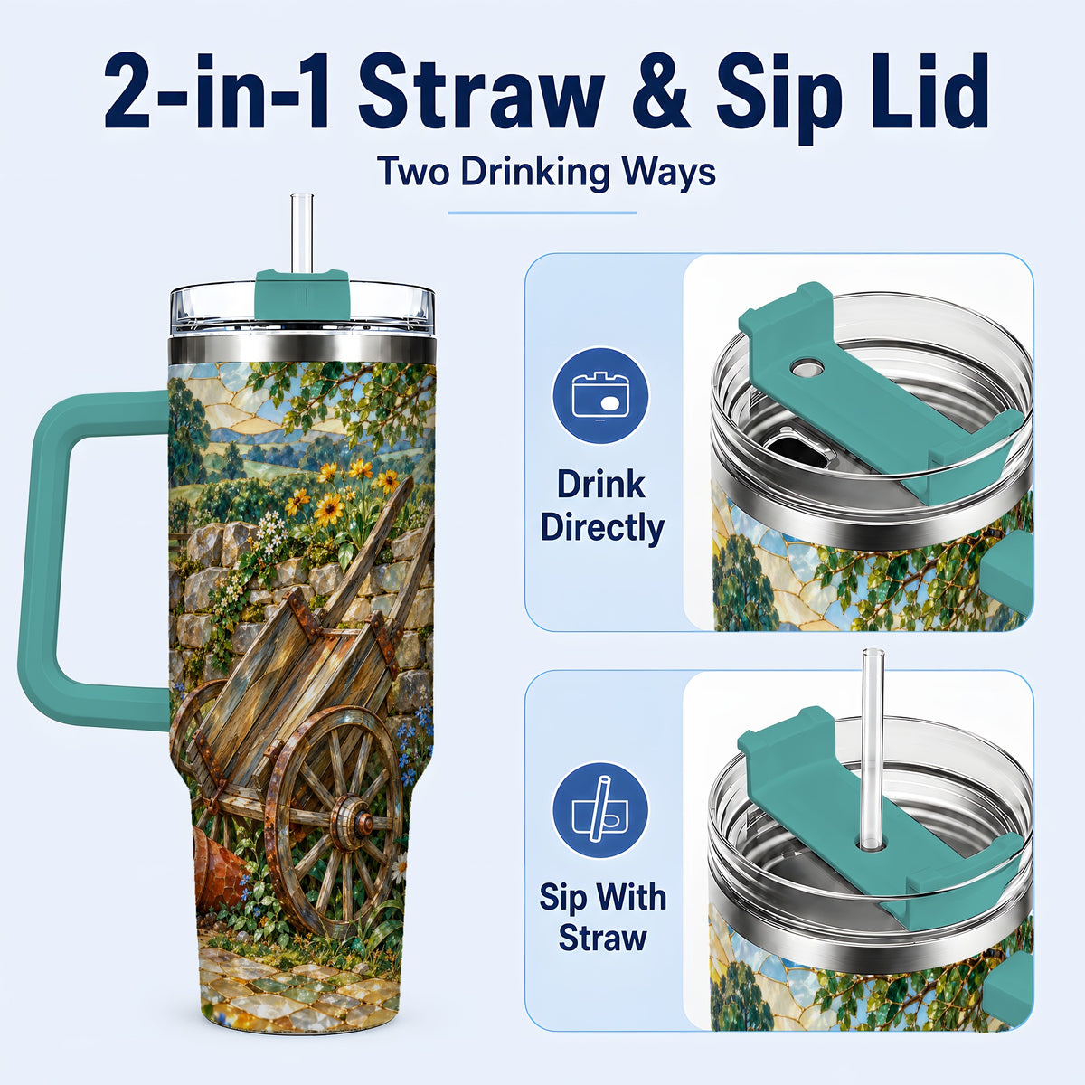 #pl[40oz|Green] Garden Cart 40oz Tumbler with Handle, Stained Glass Style Country Art