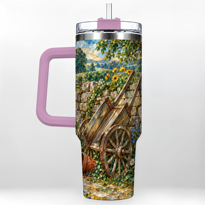 #pl[40oz|Pink] Garden Cart 40oz Tumbler with Handle, Stained Glass Style Country Art