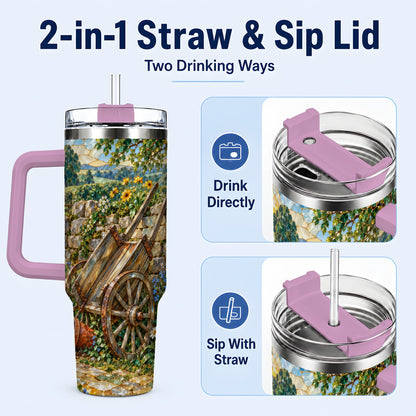#pl[40oz|Pink] Garden Cart 40oz Tumbler with Handle, Stained Glass Style Country Art