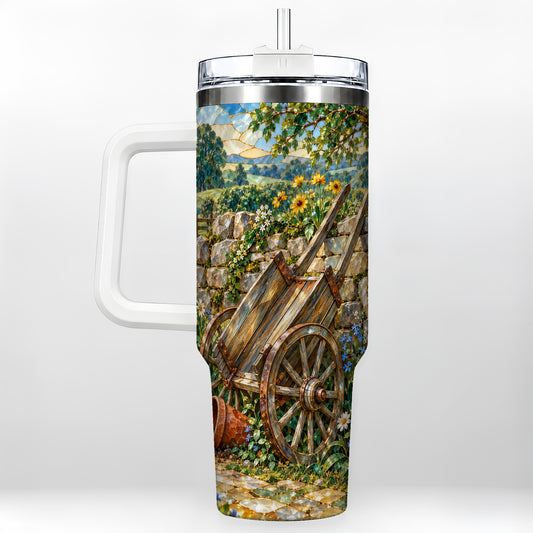 Garden Cart 40oz Tumbler with Handle, Stained Glass Style Country Art