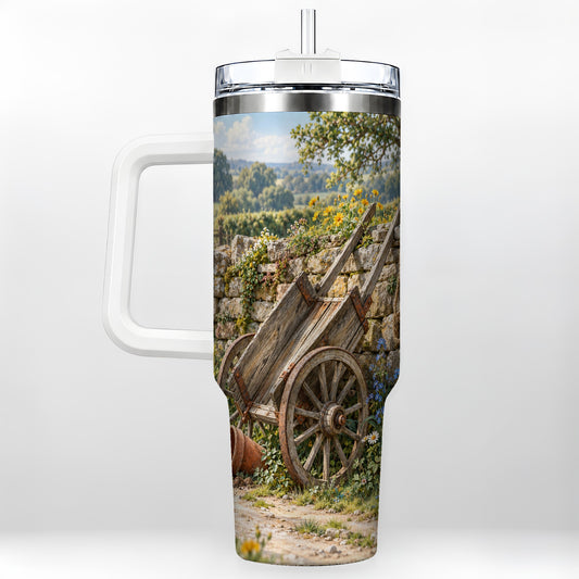 Rustic Farm Cart 40oz Tumbler with Handle, Country Garden Design