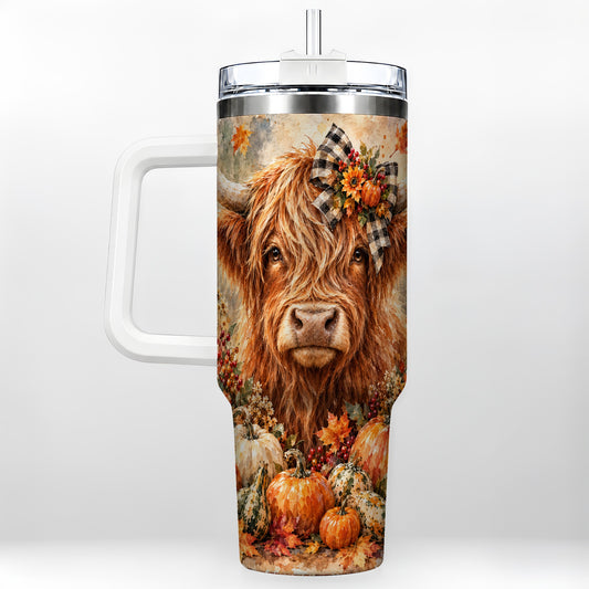 Highland Cow 40oz Tumbler with Handle, Autumn Pumpkin Farmhouse Art