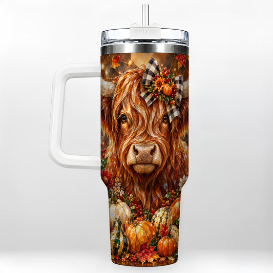 Highland Cow 40oz Tumbler with Handle, Stained Glass Style Fall Art