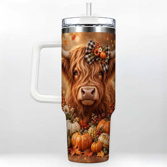 Highland Cow 40oz Tumbler with Handle, Rustic Autumn Pumpkin Art