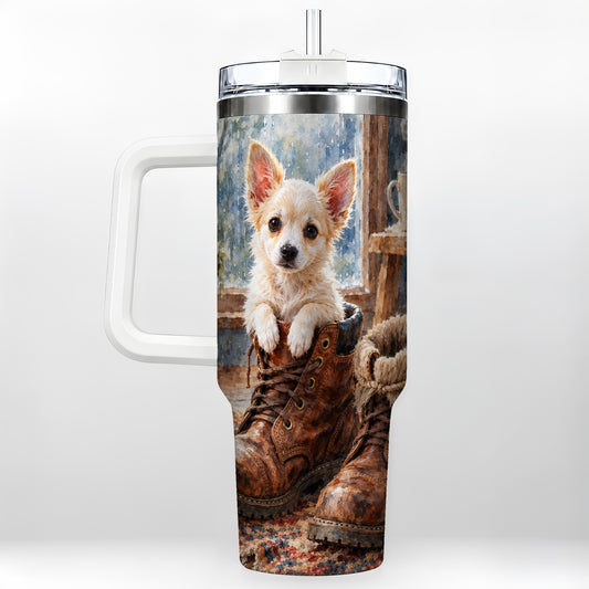 Chihuahua 40oz Tumbler with Handle, Cozy Puppy Dog Rainy Day Artwork
