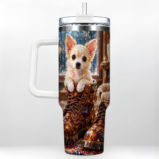 Chihuahua 40oz Tumbler with Handle, Amber Crystal Puppy Artwork