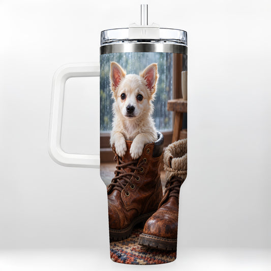 Chihuahua 40oz Tumbler with Handle, Rustic Puppy in Leather Boots